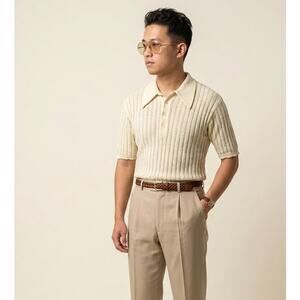 American Vintage 70s Pointelle Mesh Knit Polo Ivory Dagger Collar L Grandpacore